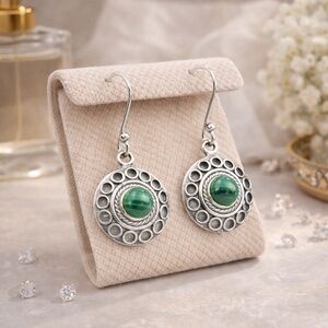 .925 Sterling Silver with Natural 1.67ct Green Malachite Dangle Earrings